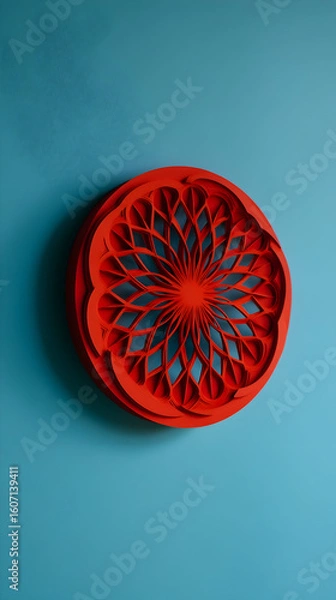 Fototapeta Intricate red circular design on a blue background showcasing artistry and craftsmanship
