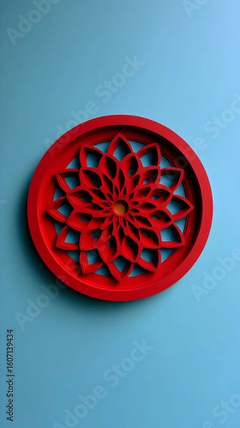 Fototapeta Intricate red circular design on a blue background showcasing artistry and craftsmanship