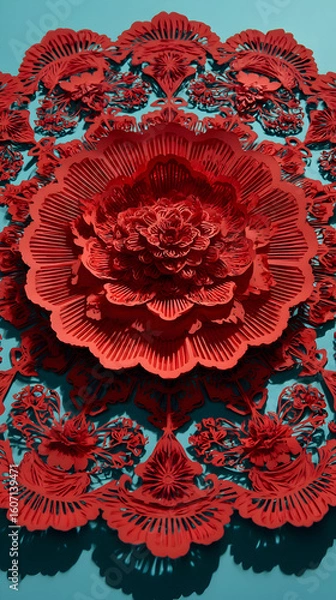 Fototapeta Bright red lace decorative plate casts intricate shadows while showcasing handcrafted artistry on a teal surface