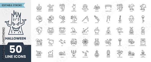Fototapeta Halloween line editable icon set. Containing pumpkin, ghost, skull, haunted, spider, broomstick, grave, spooky and more. Vector illustration