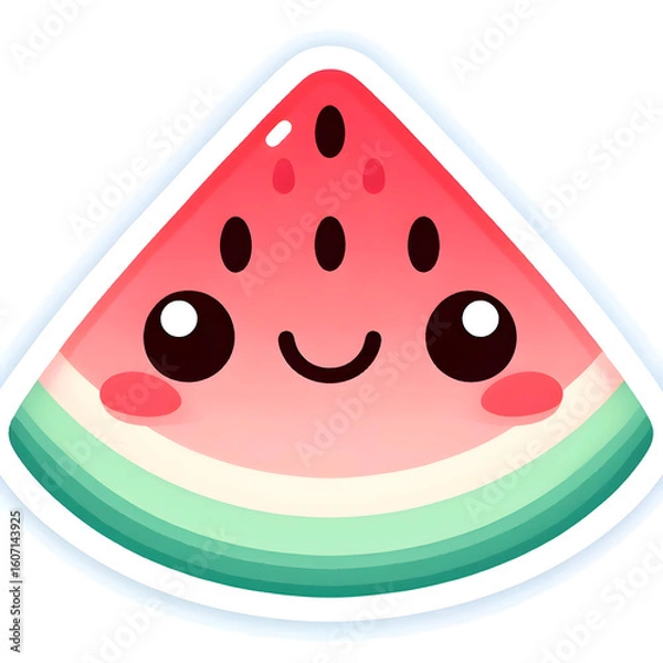 Fototapeta A cute slice of watermelon with a smiling face and pastel tones, kawaii-style sticker, soft edges, white background