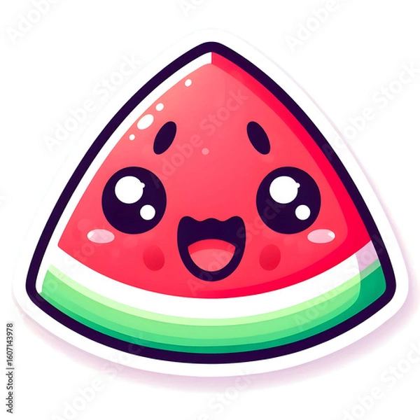 Fototapeta A cute slice of watermelon with a smiling face and pastel tones, kawaii-style sticker, soft edges, white background