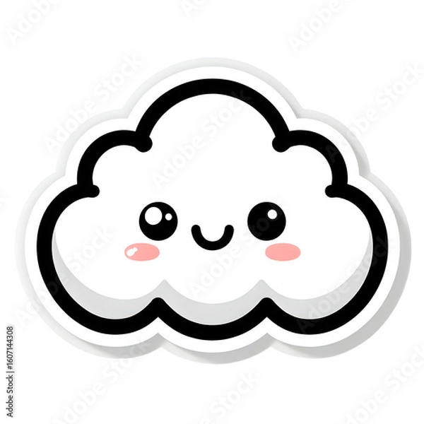 Fototapeta  a kawaii fluffy cloud with tiny cheeks and a soft smile, cartoon outline, white die-cut border, white background, clean sticker design