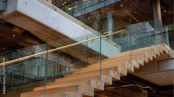 Fototapeta Modern, light-wood stairs with glass balustrades ascend a multi-level building