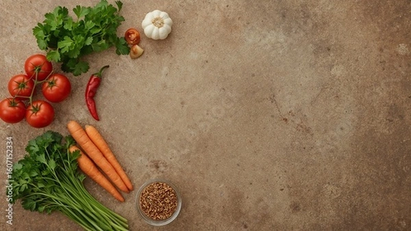 Obraz Fresh Ingredients for Healthy Cooking Tomatoes, Carrots, Parsley, Garlic, and Chili on a Textured Background