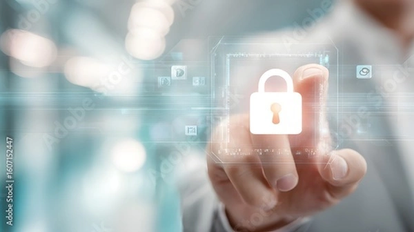 Fototapeta Hand pressing a glowing padlock icon, representing digital security, data protection, and cybersecurity measures