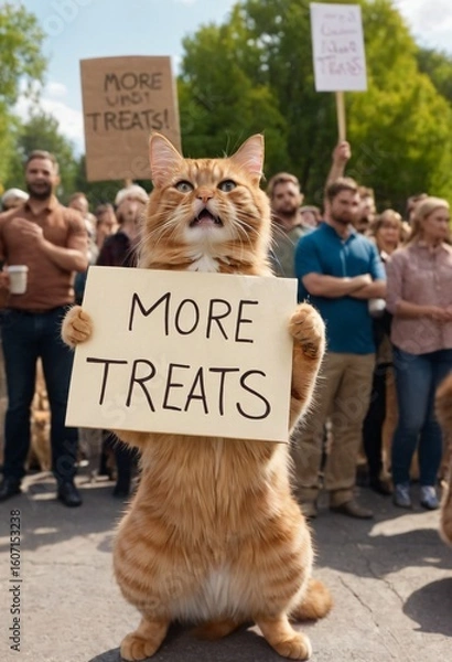 Fototapeta Feline Rights Rally: A determined cat leads a protest, holding a sign advocating for MORE TREATS! against a backdrop of supportive humans, expressing a humorous. Ai generated image