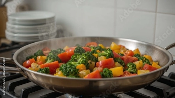 Obraz Vegetables, including broccoli, tomatoes, and potatoes, are being cooked in a stainless steel pan on a gas stove.