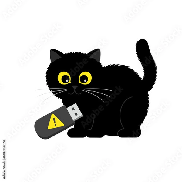 Fototapeta Flat icon of black fluffy cat sniffing USB stick with warning sign, isolated