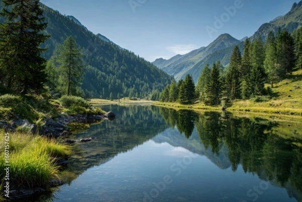 Fototapeta Tranquil reflection of a mountain lake alpine region landscape photography serene environment nature's beauty