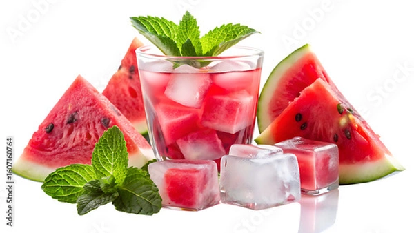Fototapeta The drink is made with chunks of watermelon, mint leaves, and ice cubes, giving it a vibrant pink color isolated on white and transparent background