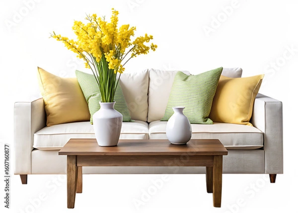 Fototapeta white sofa, olive green pillow, yellow spring flowers in a vase and ceramic accessories on a wooden table isolated on white and transparent background
