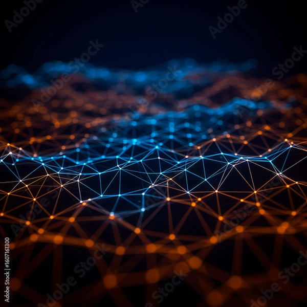 Fototapeta Abstract network of glowing nodes and lines creating a digital landscape