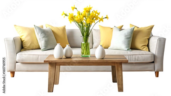 Fototapeta white sofa, olive green pillow, yellow spring flowers in a vase and ceramic accessories on a wooden table isolated on white and transparent background