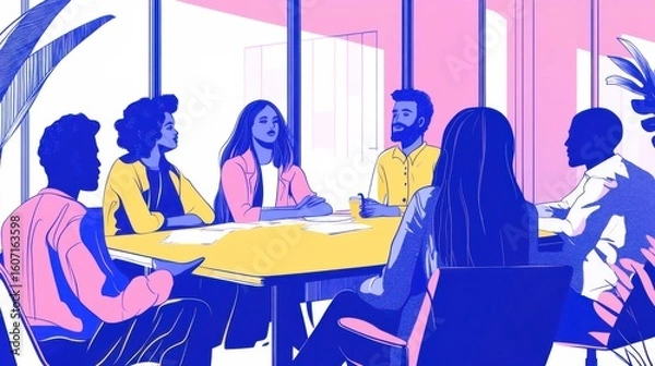 Fototapeta Diverse team in a modern meeting space engaging in discussions with creativity and collaboration in colorful atmosphere