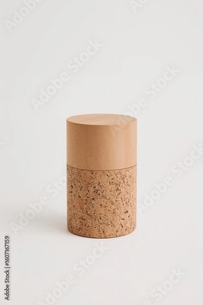 Obraz A cylindrical container, half cork and half light brown material, sits centered against a plain white background.