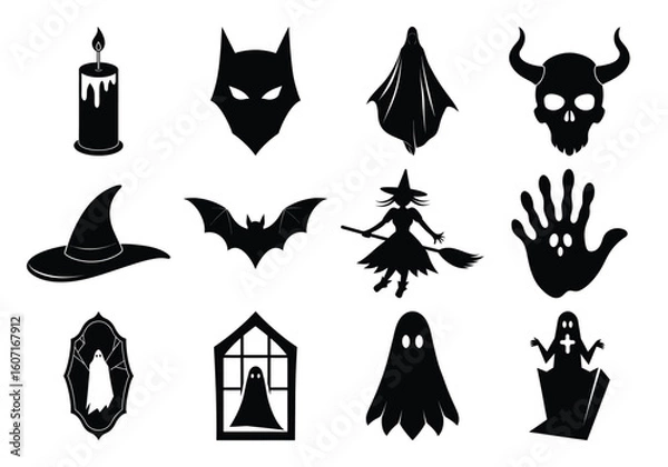 Fototapeta Collection of halloween icons silhouette isolated on white background
