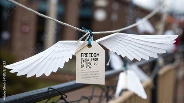Fototapeta Paper Wings Decoration with Inspiring Message of Freedom and Release