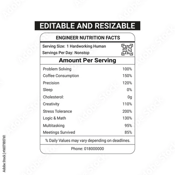 Fototapeta Engineer nutrition facts with 100% editable file for print in tshirt or others print able thinks to gift engineers as a fun	
