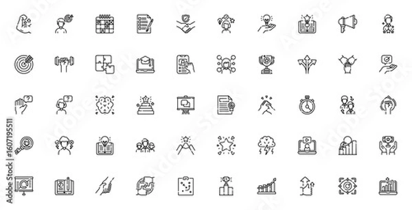 Obraz Mentoring and training icon set. Vector illustration. Includes symbols for coaching, growth, success, motivation, team, skill, learning, strategy, goal, and more. Editable linear icons.