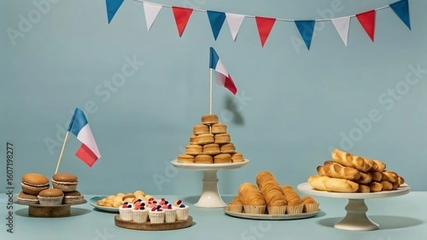 Fototapeta French Bastille Day celebration: festive pastries, macarons, and bread displayed with French flags and bunting.