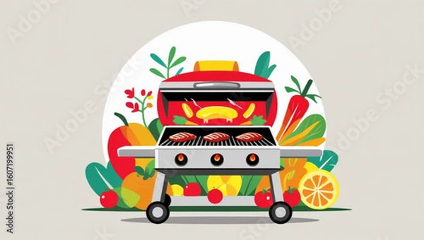 Obraz Modern Gas Grill Barbecue Surrounded by Fresh Vegetables and Fruits