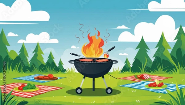 Obraz Summer Barbecue Picnic in a Park with a Flaming Grill