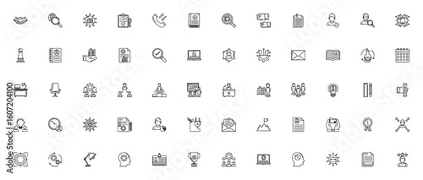 Fototapeta Office icon set. Business vector collection. Includes Handshake, Magnifying glass, Line graph, Document, Phone call, Book and more. Minimalist editable stroke.
