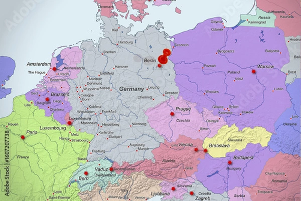 Fototapeta Colorful location map with red stick pin at Berlin, Germany and the surrounding area
