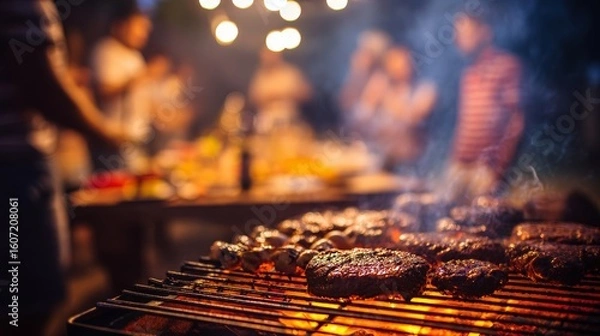 Fototapeta Family enjoying camping dinner party at night with close-up of sizzling grilled food on barbecue, happy people cooking meat and vegetables outdoors under dark sky with warm glowing fire light