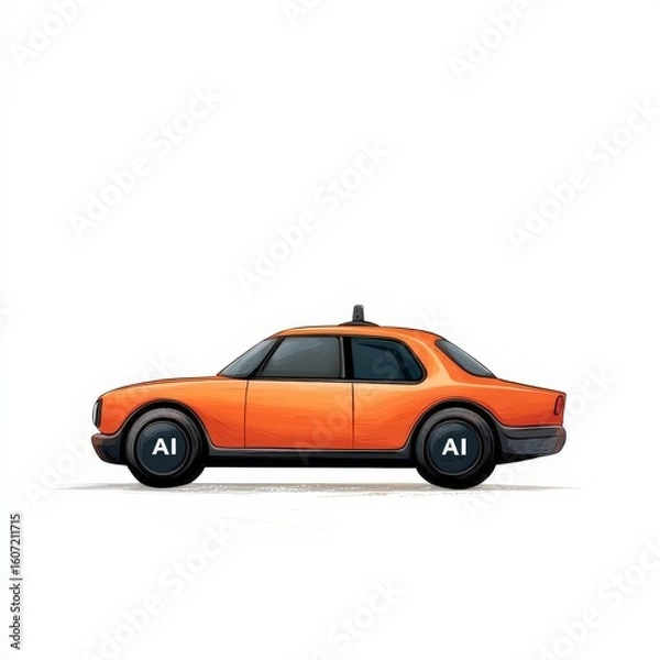 Fototapeta Stylish Orange Taxi Cab with AI Logo on Side Against Minimalist Background