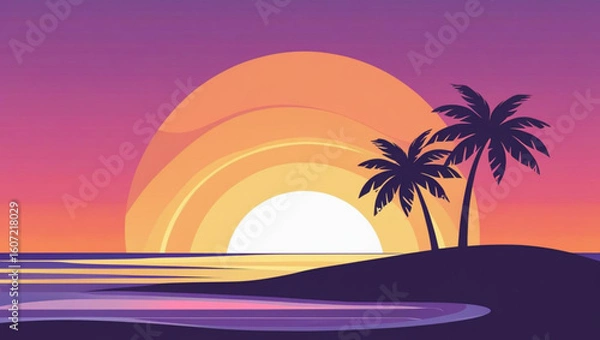 Obraz Retro Futuristic Summer Vacation Background with Palm Tree Silhouettes