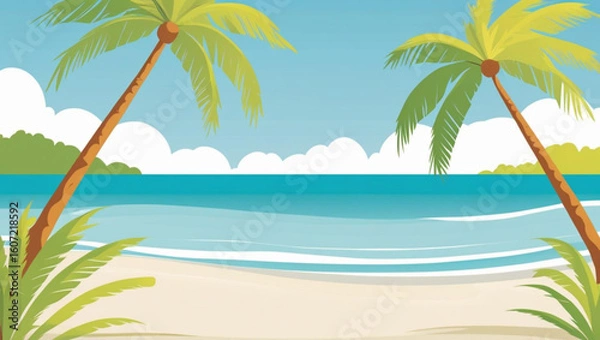 Obraz Cheerful Cartoon Illustration of a Tropical Beach with Palm Trees