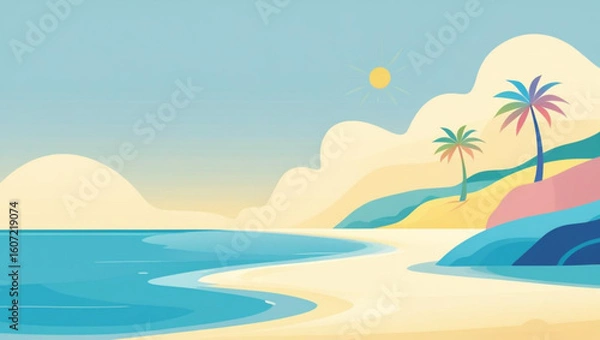 Obraz Stylized Tropical Beach Cove with Colorful Palm Trees and Hills