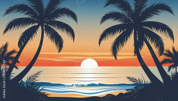 Obraz Tropical Beach Sunset with Palm Tree Silhouettes