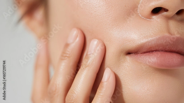 Fototapeta 女性の口元と頬をクローズアップで撮影した美肌イメージ。スキンケアや美容関連のビジュアルに適した素材。
