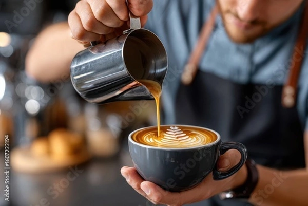 Fototapeta Skillful barista pouring latte art into a dark cup in a cozy cafe setting