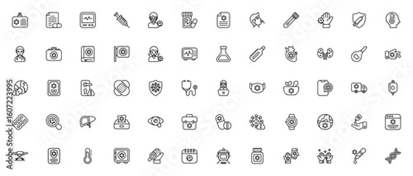 Obraz Health Care icon set. Medical vector illustration. Includes symbols for doctor, syringe, pills, ECG monitor, vaccination, stethoscope, ambulance, coronavirus, sanitizer and more. Editable stroke.