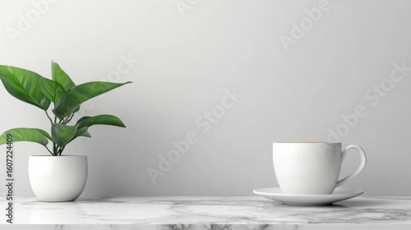 Fototapeta Bright and Minimalist Table Setup with Coffee Cup and Green Plant Against a Soft Gray Background