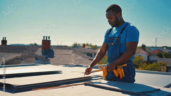 Fototapeta Skilled worker repairs rooftop under daylight, wearing protective safety gear and carrying tools while ensuring structural integrity.

