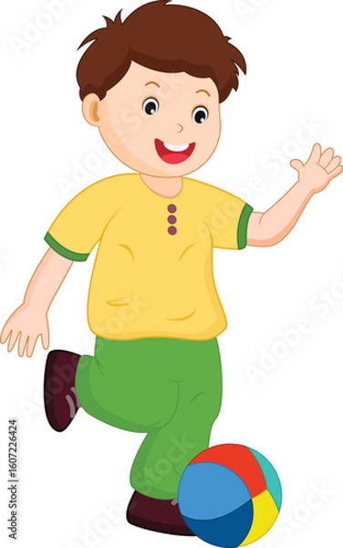 Obraz Boy Kicking Soccer Ball in Cartoon Style