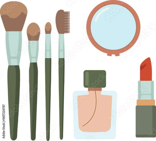 Obraz Makeup Essentials Brushes, Mirror, Perfume, and Lipstick