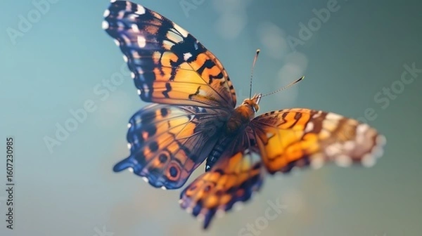 Fototapeta ultra-realistic 3D render of a giant orange admiral butterfly in flight, wings slightly blurred at the tips to imply movement, set against a subtle sky-blue gradient