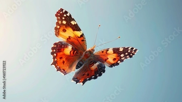 Fototapeta ultra-realistic 3D render of a giant orange admiral butterfly in flight, wings slightly blurred at the tips to imply movement, set against a subtle sky-blue gradient