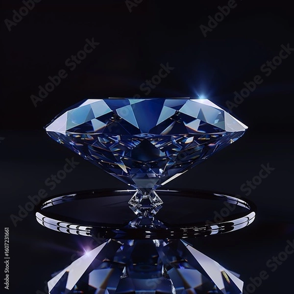 Fototapeta ultra-realistic 3D render of a levitating sapphire gemstone above a mirrored surface, soft spotlight creating crisp reflections, isolated on black gradient