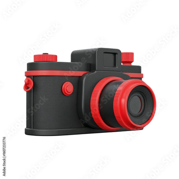 Obraz A modern, compact camera design featuring a black and red color scheme, isolated on a white background.