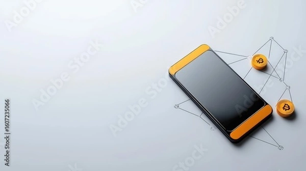 Fototapeta Smartphone on Desk with Cryptocurrency Coins and Digital Connection Concept