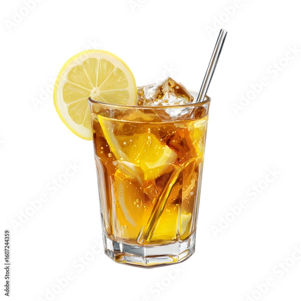 Fototapeta Refreshing iced tea with lemon slice in a glass for illustration on a black background