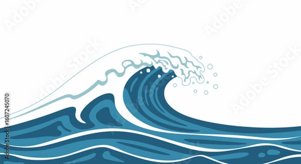 Fototapeta Stylized ocean wave cresting with foam, in varying blue hues, against a pristine white backdrop evoking nautical designs 150