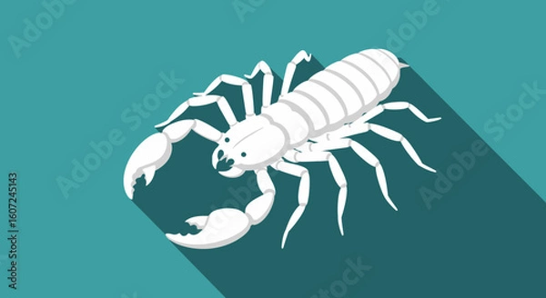 Fototapeta Stylized arachnid illustration, a white scorpion with extended long shadow on a teal backdrop showing a vector design with eight legs and claws